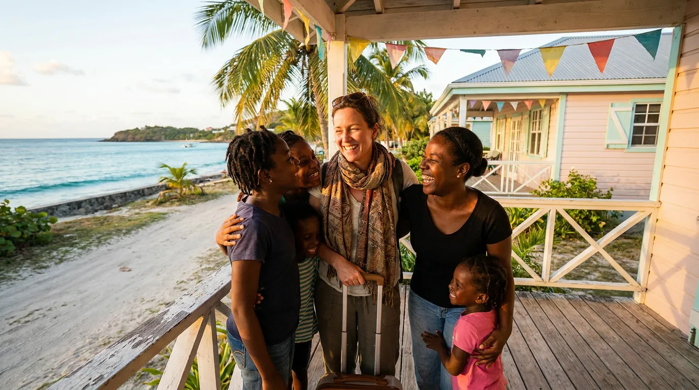 A woman with her suitcase hugged by her family on the veranda of a seaside guesthouse, the sea behind them.