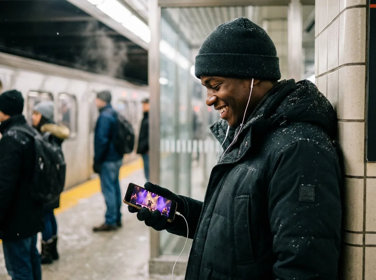 A young man in a snowy winter coat on a subway platform, smiling at a live show on his phone.