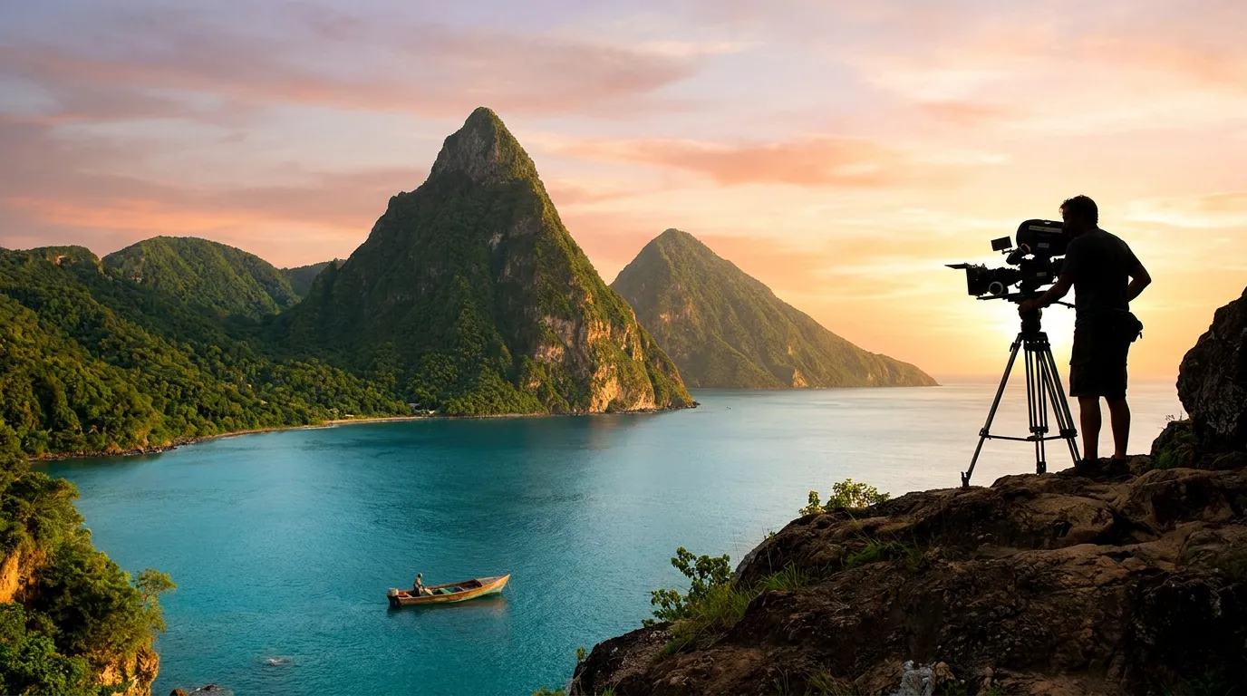 A filmmaker on a clifftop at sunrise films twin volcanic peaks rising from a turquoise bay.