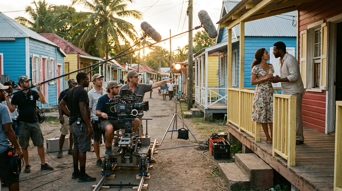Actors play a scene on the veranda of a painted wooden house while a crew films from a dolly track.