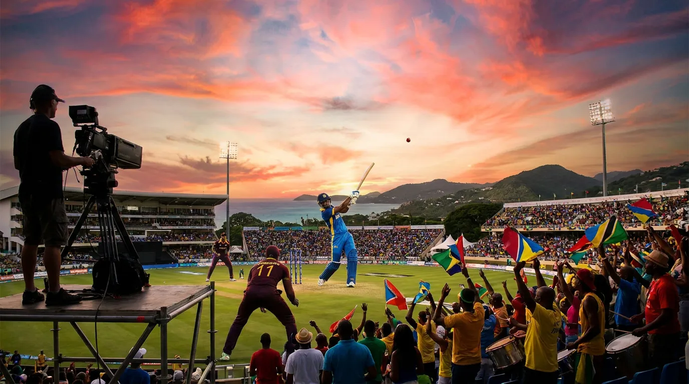 A batter hits a six under a sunset sky in a packed Caribbean cricket ground, a broadcast camera in front.