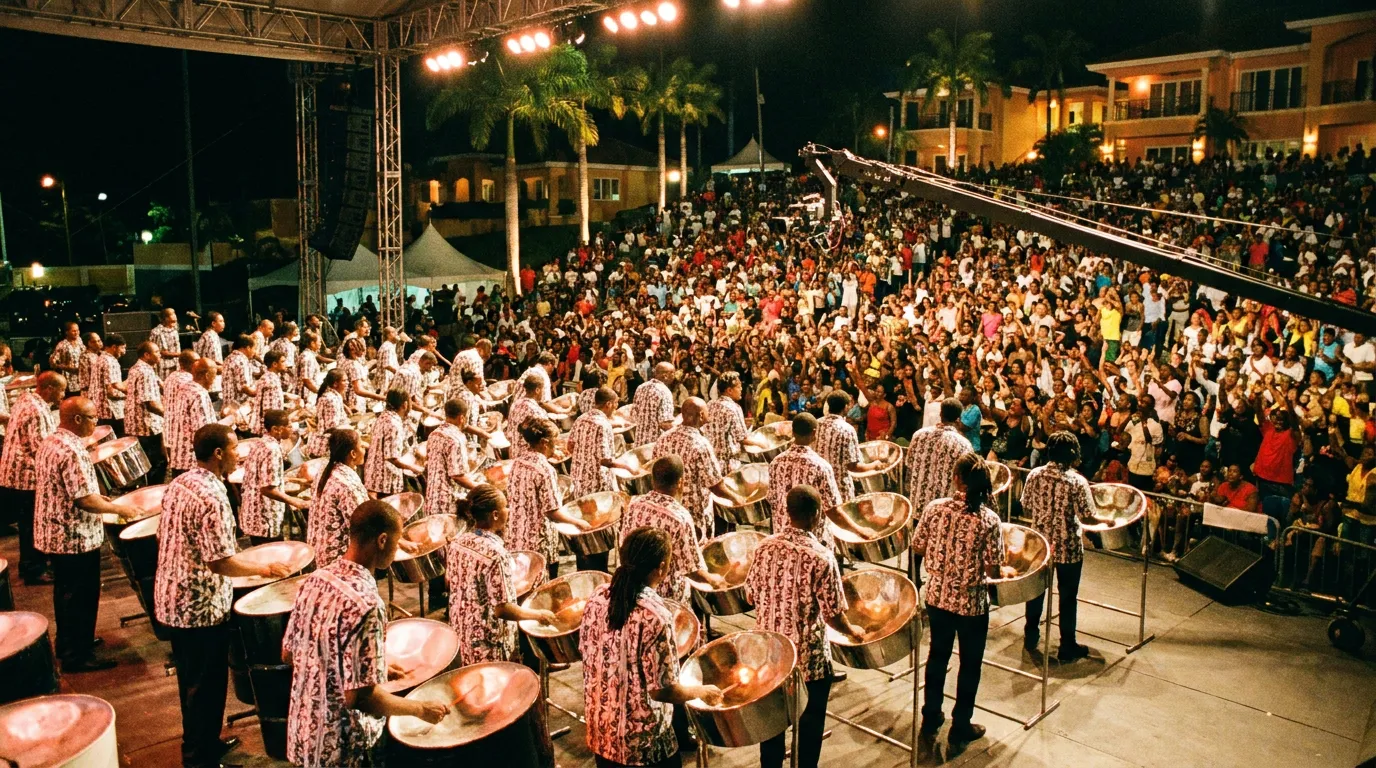 A steelband orchestra plays on a big outdoor stage at night in front of a large crowd.